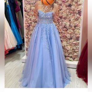 JVN Blue Strapless Tulle Ball Gown Dress